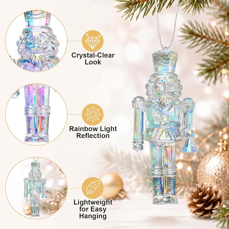 Iridescent Nutcracker Ornaments, 6-Piece Set, 4.7 Inch Acrylic Christmas Decorations