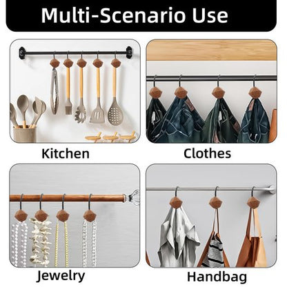 Decorative Shower Curtain Hooks, Wood Shower Curtain Rings, Modern Polygon Wood Shower Curtain Hangers, 12PCS Shower Hooks for Shower Curtain Rod, Bathroom, Bedroom, Living Room (Black)