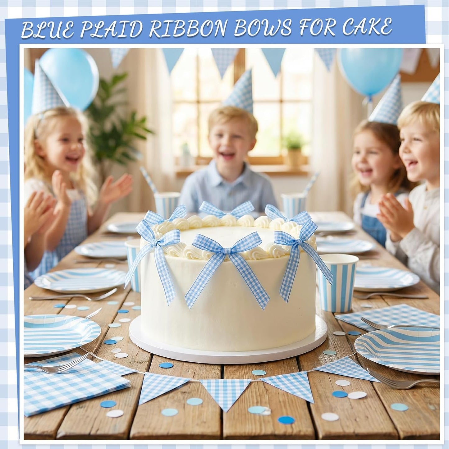 Skiennix 30 Pack Bow Cake Toppers - Blue Gingham Ribbons for Birthday & Baby Shower Decor