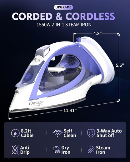 OMAIGA Cordless Steam Iron - 1550W Rapid Heating, Ceramic Soleplate, 3-Way Auto-Off | Purple, 12.85oz Tank