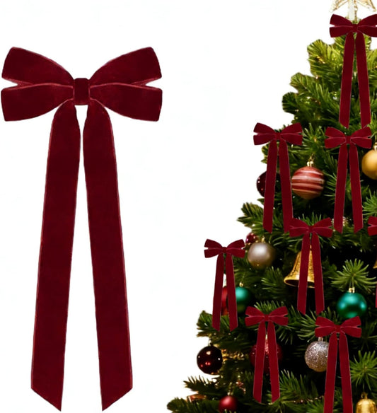 Regine Switzerland 12PCS Velvet Ribbon Bows - Vintage Rustic Christmas Tree Decorations | Burgundy (5" x 8.7")