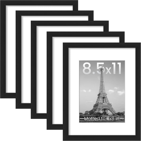 Upsimples 8.5x11 Picture Frame Set of 5 - Versatile Black Frames for 6x8 or 8.5x11 Photos