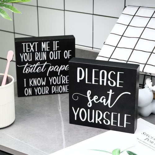 Jetec Farmhouse Bathroom Signs Decor - Rustic Wooden Plaque Wall Art | Set of 2 Please Seat Yourself (Black)