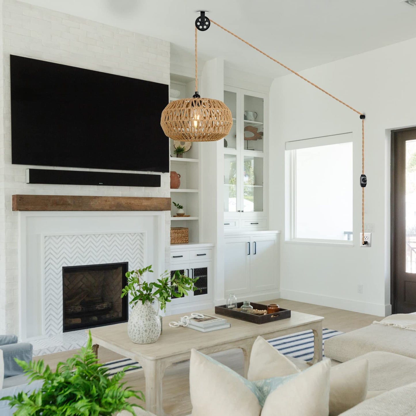 Rattan Plug in Pendant Light with LED Bulb&Pulley, Boho Hanging Lights with Plug in Cord 15ft, Wicker Woven Chandelier Light Fixtures with Dimmer Switch for Bedroom Living Dinning Room Kitchen