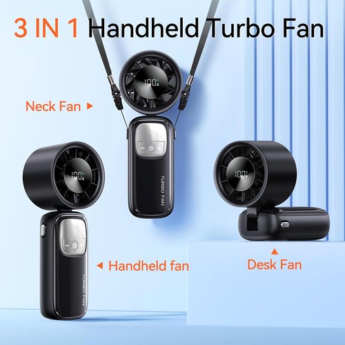 KIMMOO 3-in-1 Portable Handheld Turbo Fan - 100 Speeds, 15000 RPM, 10-Hour Cooling, LED Display | Black Mini Travel Fan