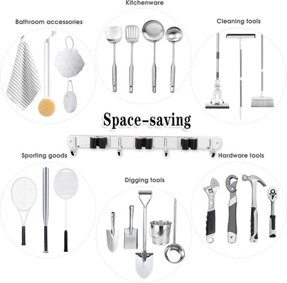 Skiennix Broom and Mop Holder - Wall Mounted Garage Organizer with 3 Racks & 4 Hooks | Heavy Duty Stainless Steel