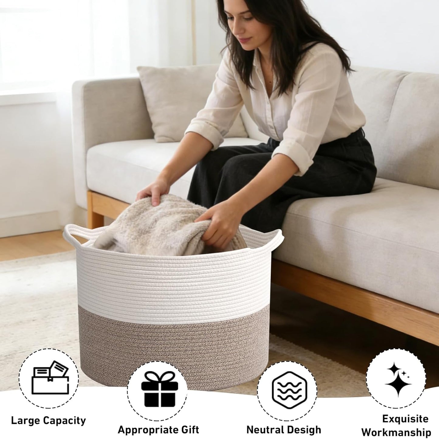 Skiennix 65L Large Woven Cotton Rope Basket - Stylish Laundry Hamper for Bedroom & Living Room | White & Brown
