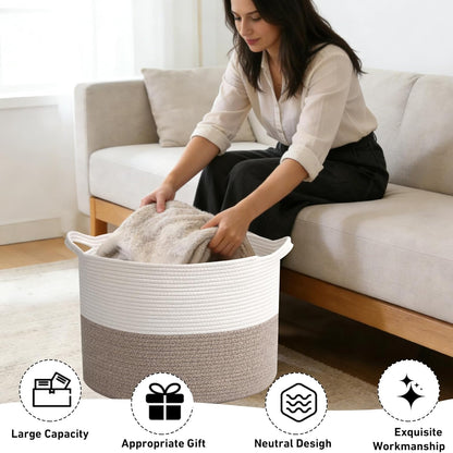 Skiennix 65L Large Woven Cotton Rope Basket - Stylish Laundry Hamper for Bedroom & Living Room | White & Brown