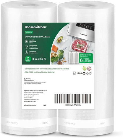 Bonsenkitchen Vacuum Sealer Bags - Heavy Duty BPA-Free Food Storage Rolls, 8" x 50', 2-Pack for Sous Vide Cooking
