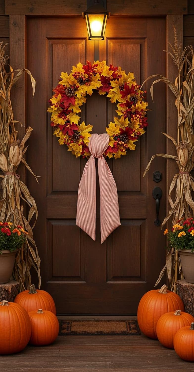 Orange Striped Wreath Sash Set by [Brand Name] - 2 Pack Modern Ribbon Bow for Fall Thanksgiving Decor | 5.12" Wide x 54.33" Each