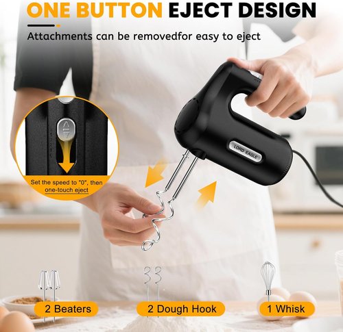 Lord Eagle 5-Speed Hand Mixer - 300W Compact Electric Mixer with 5 Attachments & Storage Bag | Lightweight Black Design for Baking