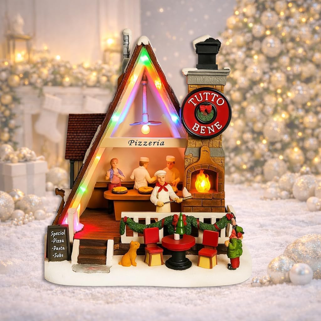 Moments In Time Pizza Shop Scene - Handcrafted LED Musical Pizzeria Holiday Decoration | Tabletop Display