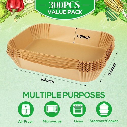 BYKITCHEN 300PCS Air Fryer Liners - Rectangle Disposable Parchment Paper for Ninja Dual Airfryer & More