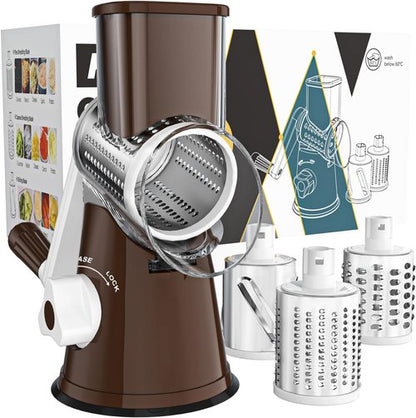 Cambom Rotary Cheese Grater - Hand Crank Shredder for Fresh Cheese, Vegetables & Nuts | Non-Slip Base, 3 Blades, Coffee Color