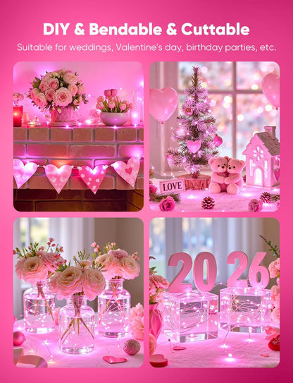 Minetom 12 Pack Pink Christmas Lights | 7ft 20 LED Battery Operated Fairy Lights for Valentine's Day Decor