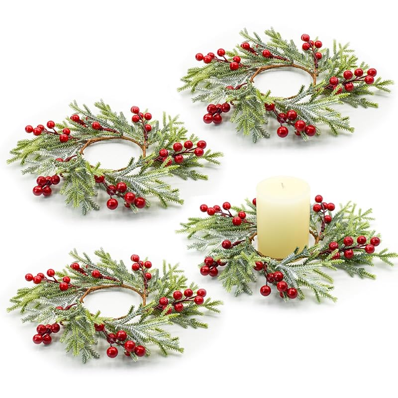 4Pcs Christmas Candle Ring Wreaths with Red Berries and Snowy Pine for Door, Window, Table