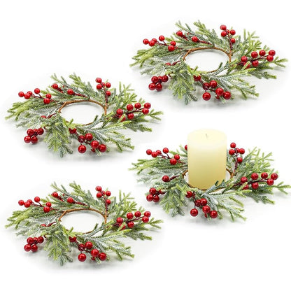 4Pcs Christmas Candle Ring Wreaths with Red Berries and Snowy Pine for Door, Window, Table