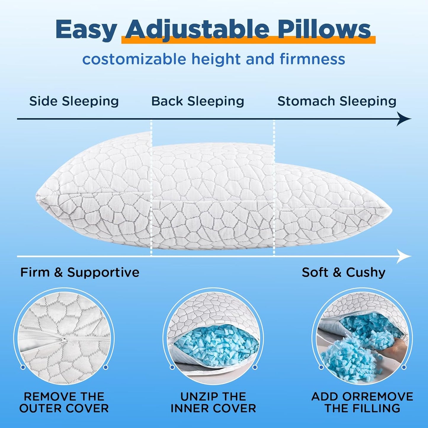 Skiennix Cooling Pillows | Adjustable Shredded Memory Foam | Queen Size Set of 2 for All Sleepers