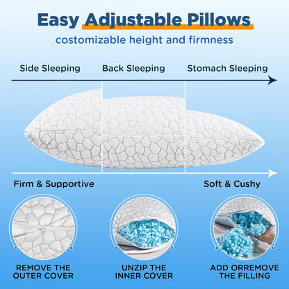 Skiennix Cooling Pillows | Adjustable Shredded Memory Foam | Queen Size Set of 2 for All Sleepers