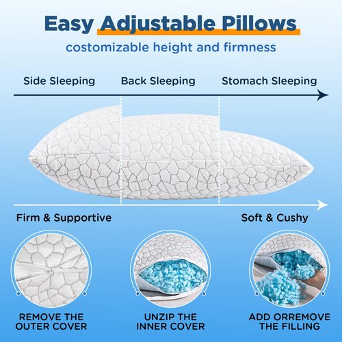Cooling Pillow Queen Size Set of 2, Adjustable Shredded Memory Foam Pillows, Luxury Bed Pillows for Sleeping 2 Pack,Soft Yet Supportive Firm Pillow for Side,Back,Stomach Sleepers,Gifts for Hot Sleeper