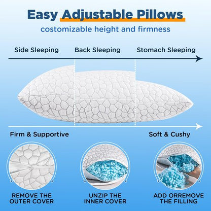 Cooling Pillow Queen Size Set of 2, Adjustable Shredded Memory Foam Pillows, Luxury Bed Pillows for Sleeping 2 Pack,Soft Yet Supportive Firm Pillow for Side,Back,Stomach Sleepers,Gifts for Hot Sleeper