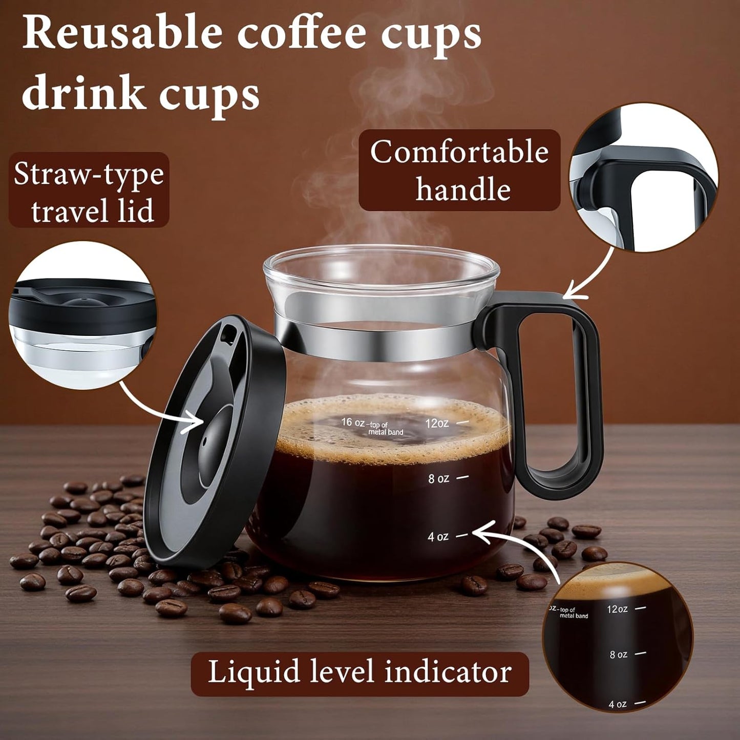 Skiennix Coffee Pot Mug - 16-Ounce Glass Mini Cup with Spill-Proof Lid & Stainless Steel Chilling Ball | Perfect Gift for Coffee Lovers