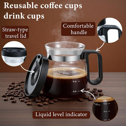 Skiennix Coffee Pot Mug - 16-Ounce Glass Mini Cup with Spill-Proof Lid & Stainless Steel Chilling Ball | Perfect Gift for Coffee Lovers