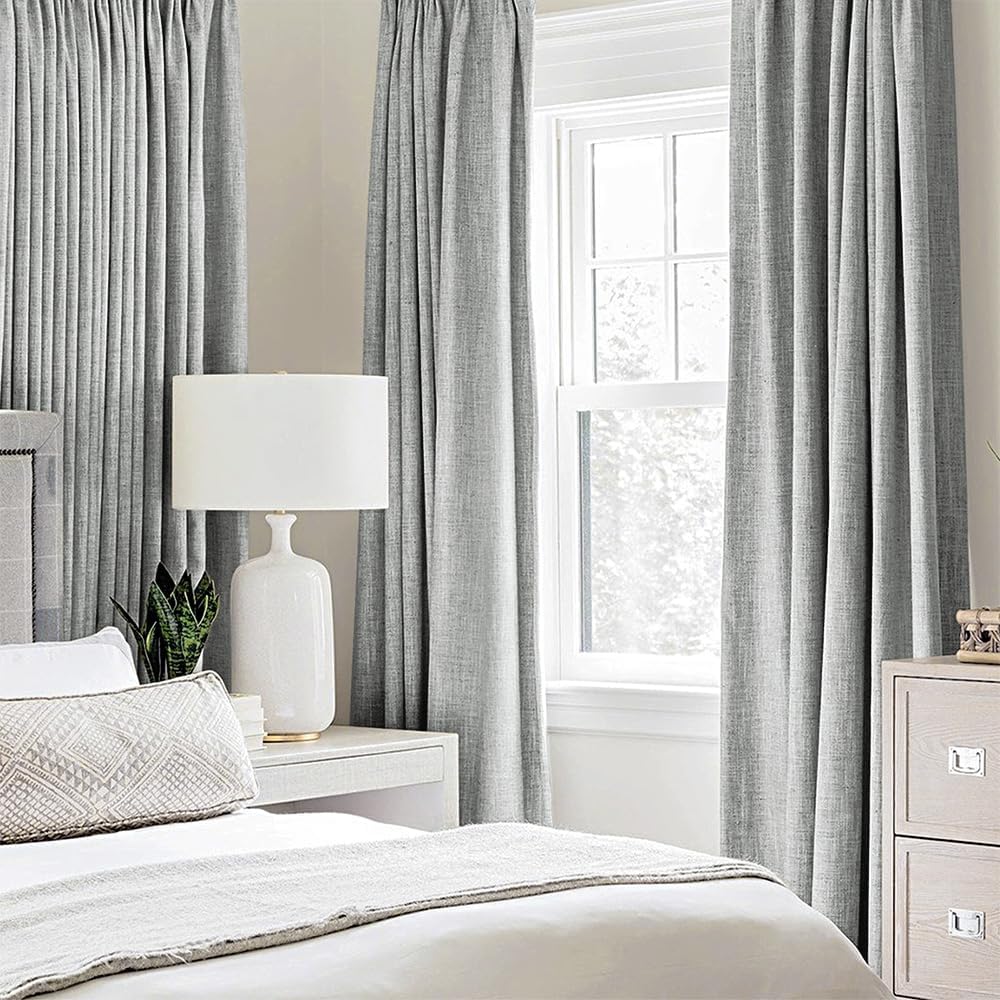 MIULEE 100% Blackout Linen Curtains - Thermal Insulated Room Darkening Drapes | Glacier Gray, 52 x 108 Inch (2 Panels)