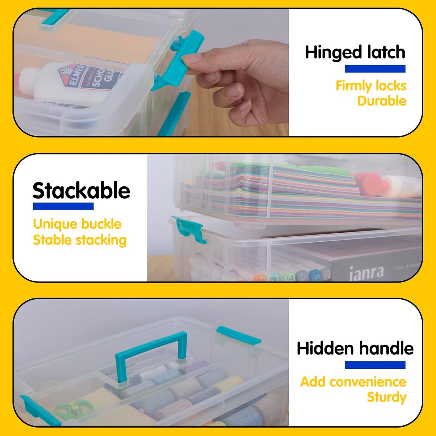 TERGOO Clear Plastic Storage Containers - 2 Layer Stackable Organizers for Crafts, Makeup & More | Portable Blue Bins