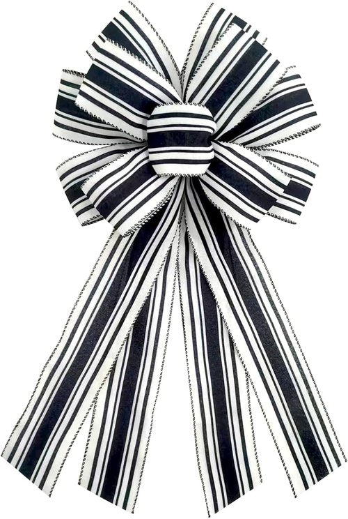 Christmas Black Burlap Wreath Bow - 20 x 11 Inches | Farmhouse Black & White Stripes for Front Door Decor