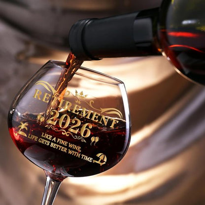2026 Retirement Gifts for Women, Personalized Art Words Red Wine Glass Set, Pink Gift Package with Goblet, Key Chain, Wine Bag, and Farewell Card for Retired Woman