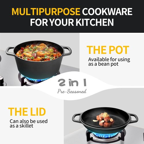 EDGING CASTING 2-in-1 Pre-Seasoned Cast Iron Dutch Oven & Skillet Lid | 7QT Versatile Cookware for Baking & Frying
