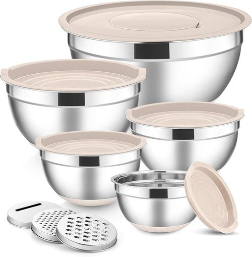 E-far Stainless Steel Mixing Bowls Set - 5-Piece Nesting Bowls with Lids & Grater Attachments | Khaki