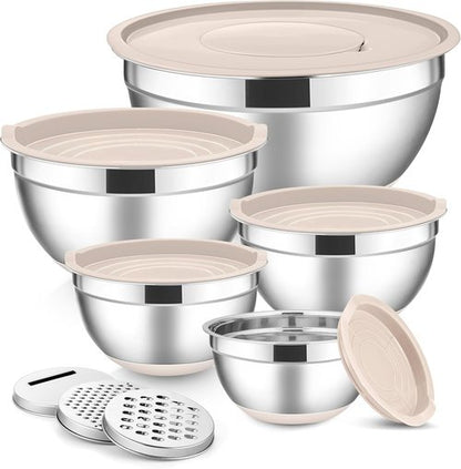 E-far Stainless Steel Mixing Bowls Set - 5-Piece Nesting Bowls with Lids & Grater Attachments | Khaki