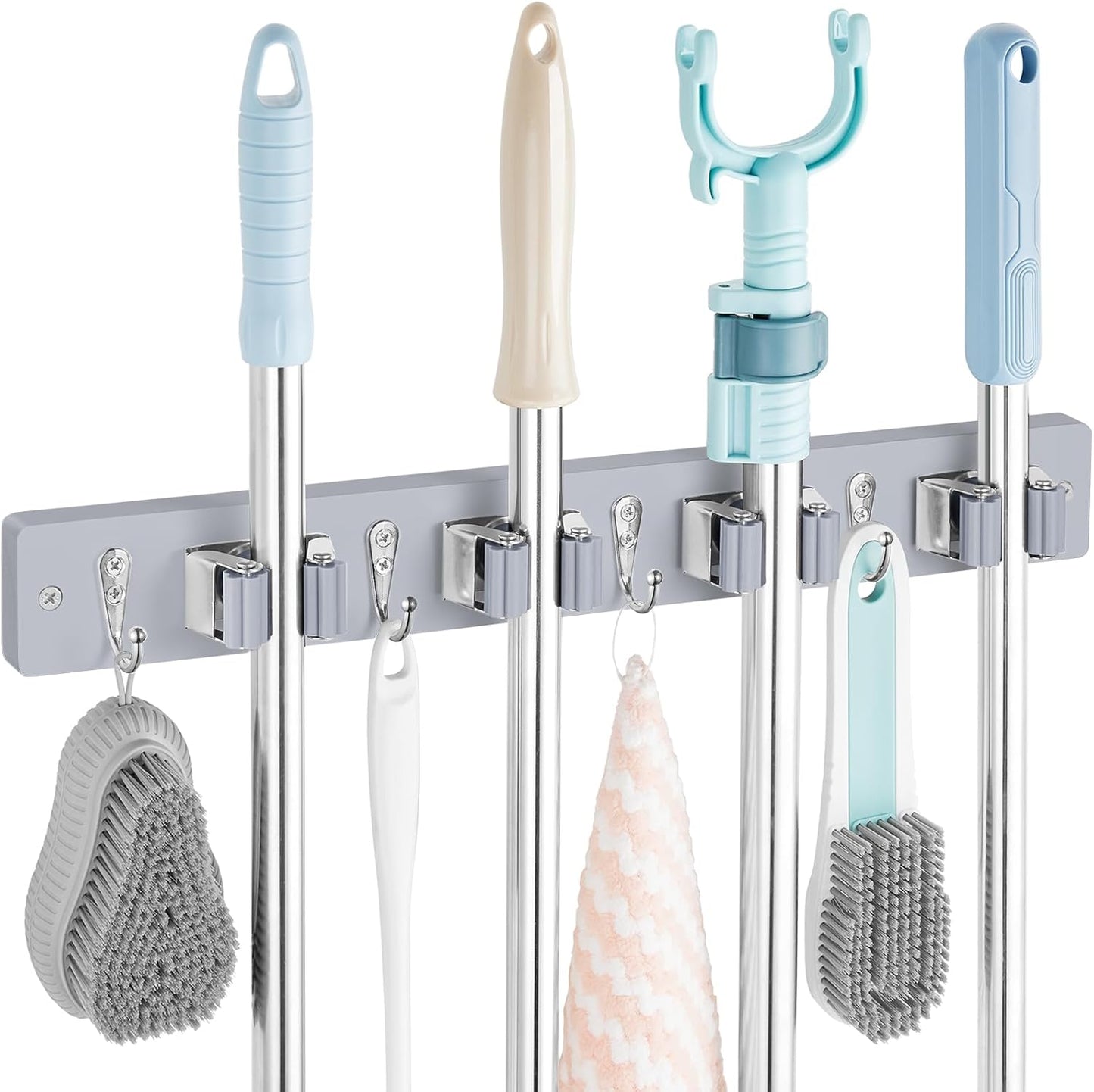 OUTNILI Mop Broom Holder - Wall Mount Organizer with 4 Slots & Hooks for Laundry Room | Gray Wood Design