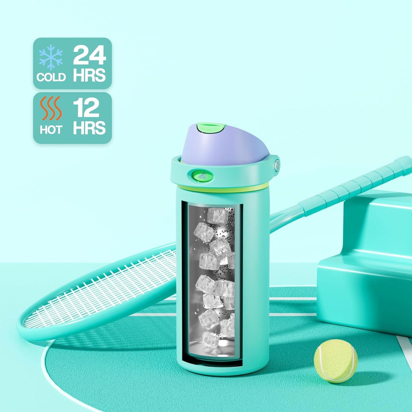POWCAN 18 oz Insulated Water Bottle - 2-in-1 Push-Button Spout & Quick-Flip Straw | Leakproof, Cold for 24Hrs, Fits Car Cup Holder, Stainless Steel (Sea Princess)