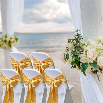 Skiennix Satin Chair Sashes - 50PCS Elegant Ribbon Ties for Wedding & Event Decor | Gold