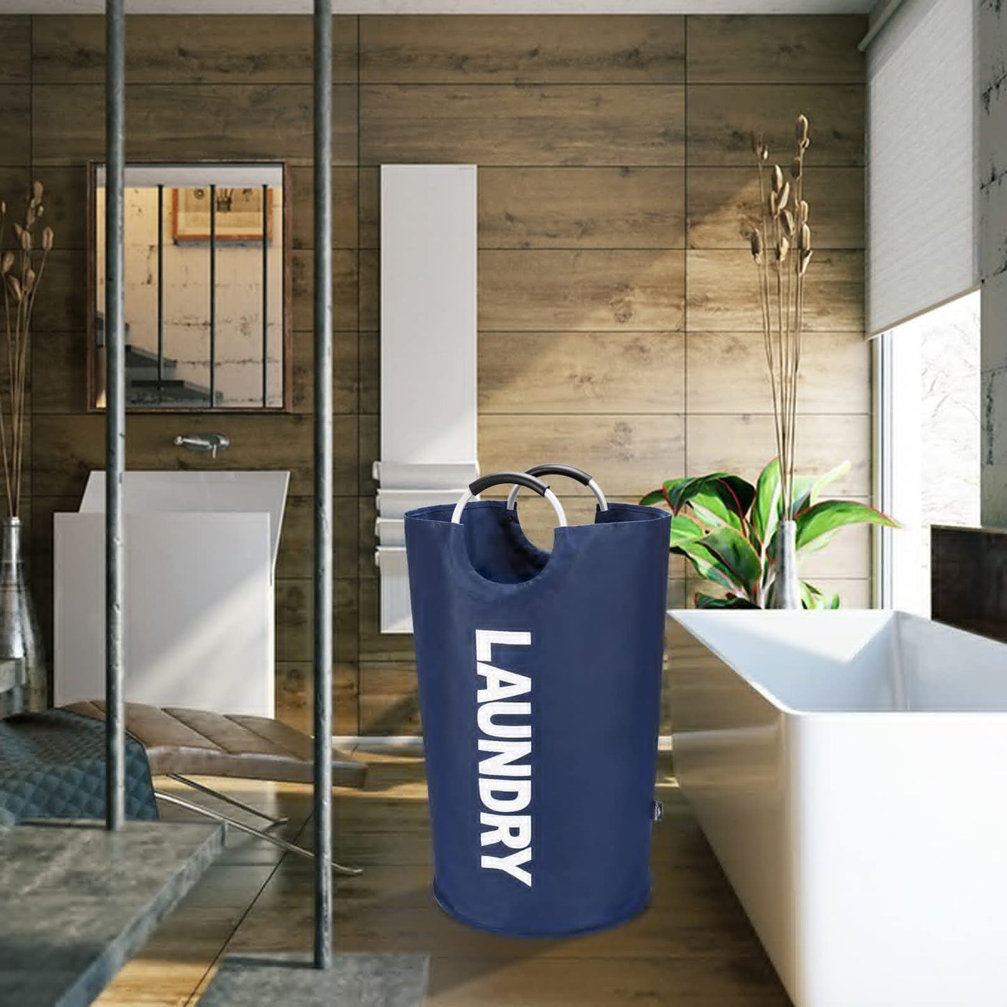 DOKEHOM 95L Large Laundry Basket, Collapsible Laundry Bag, Freestanding Tall Clothes Hamper, Foldable Washing Bin (Dark Blue)
