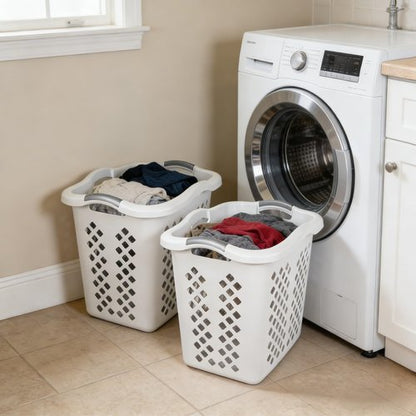 2-bushel capacity laundry baskets with silver handles, white, 2-pack