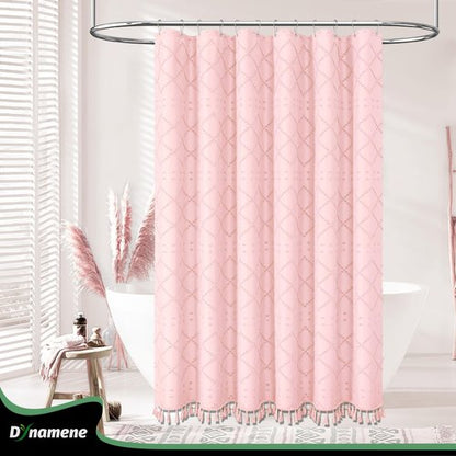 Dynamene Pink Fabric Shower Curtain, Boho Tufted Geometric Striped Tassel Shower Curtain for Bathroom, Shabby Chic Textured Modern Farmhouse Waterproof Cloth Shower Curtain Set, Wrinkle Free, 72x72