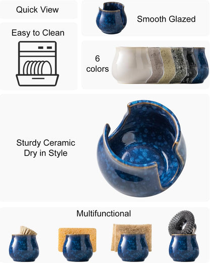 Skiennix Ceramic Sponge Holder - Kitchen Sink Organizer for Scrubbers | Blue Dish Rack