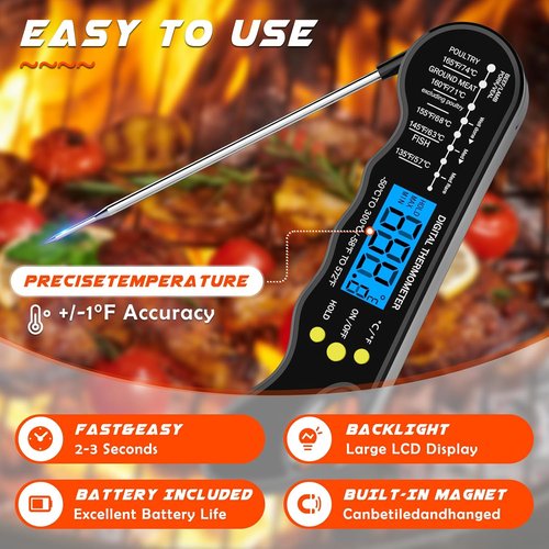 Instant Read Meat Thermometer - Fast, Accurate Digital Food Thermometer with Magnet & Backlight (Black)