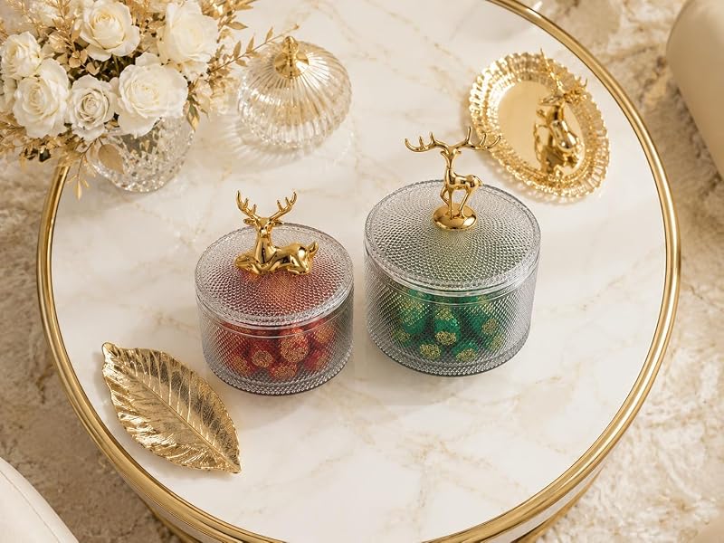 Christmas Reindeer Glass Candy Jars with Lids - Set of 2 Crystal Diamond-Cut Jars