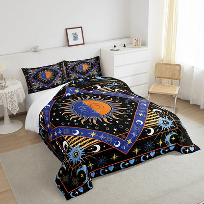 Erosebridal Boho Sun Moon Comforter Bohemian Hippie Bedding Glitter Stars Galaxy Bedding Sets & Collections Trippy Cosmos Celestial Down Comforter Queen Size,Geometric Striped Decor Bed Set Black Blue