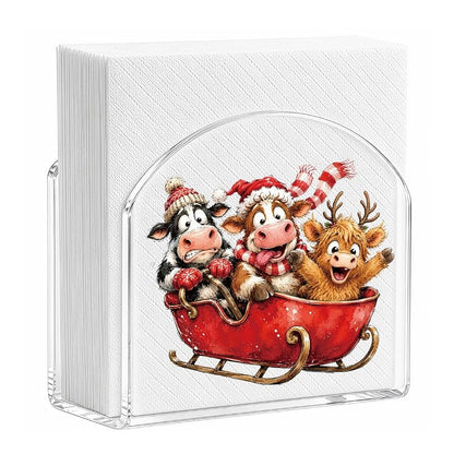 Christmas Napkin Holder - Acrylic U-Frame, Anti-Slip, 2.3x5x5 in, Sleigh Highland Cow Variation