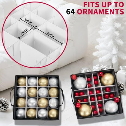 DIMESHY Christmas Ornament Storage Box - Adjustable Dividers & 4 Removable Trays for 64 Decorations | Gray