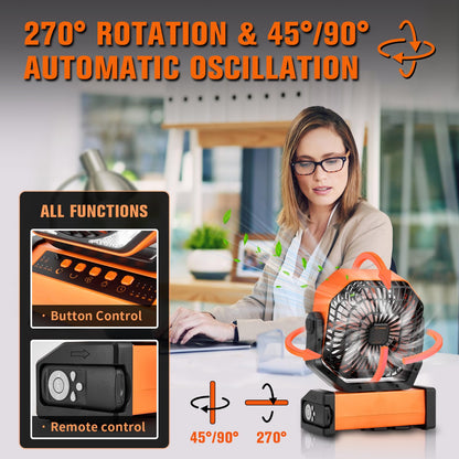 Saker Rechargeable Camping Fan-20000mAh Battery Powered Tent Fans with Hanging Hook,LED Lantern,Auto-Oscillating,Quiet Portable Ceiling Table Fan for Car Travel RV Camp Hurricane Emergency