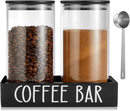 Skiennix Glass Coffee Canister Set - 2Pcs 45oz Airtight Containers with Bamboo Lids & Black Tray | Farmhouse Decor