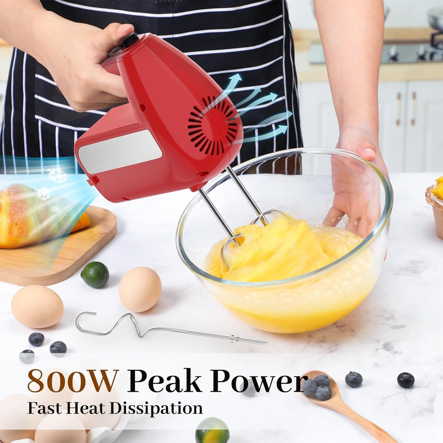 Skiennix 5-Speed Electric Hand Mixer - 800W Handheld Mixer with Turbo & 6 Attachments | Red