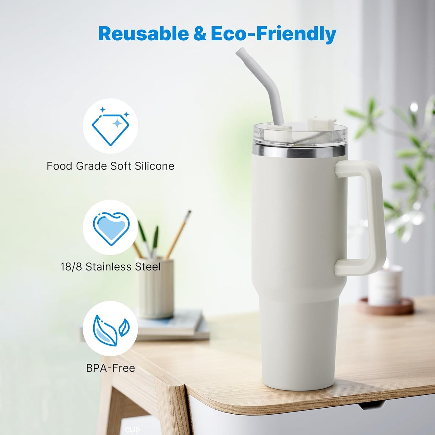 Skiennix Metal Straw Set - Silicone Tip & Stainless Steel for 40oz Stanley Cup | 2 Straws + Brush (Cream Grey)